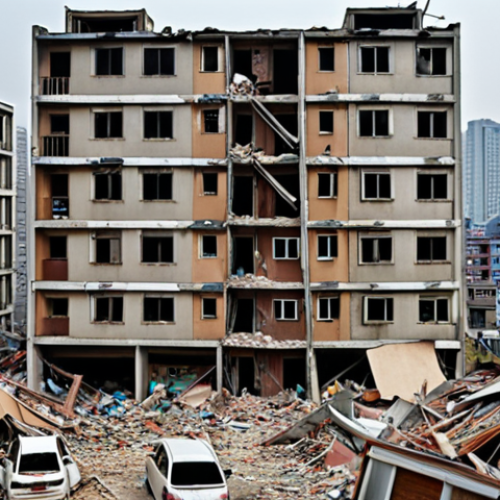 Dystopian Seoul after an earthquake, Hwang Gung Apartment survivors struggling, highlighting human nature in crisis, and societal divisions.